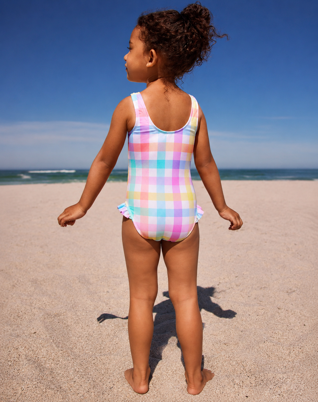 Girls Pastel Gingham One-Piece Swimsuit with Ruffle Straps