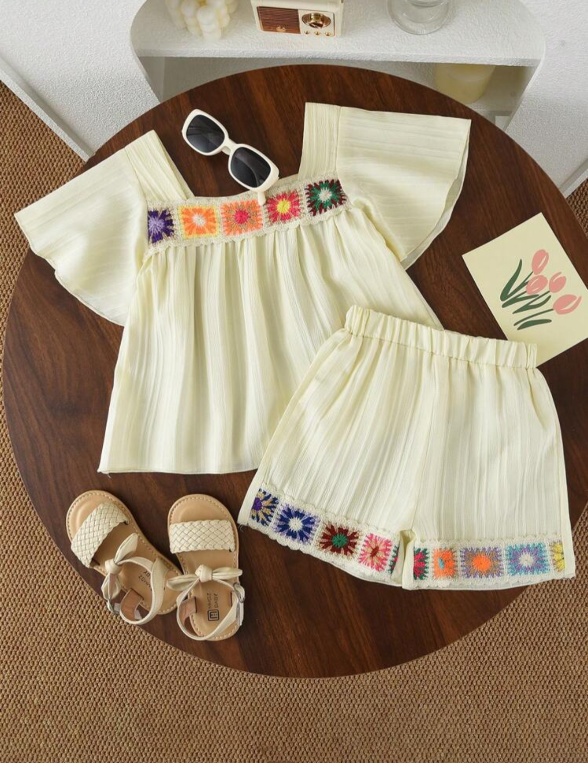 Girls' 2-Piece Floral Ribbon Textured Summer Set