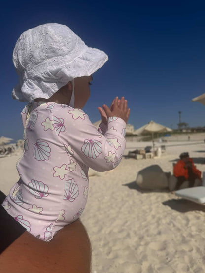 Mermaid Drift – Lavender Seashell Rashguard Swimsuit With Ruffles🧜‍♀️