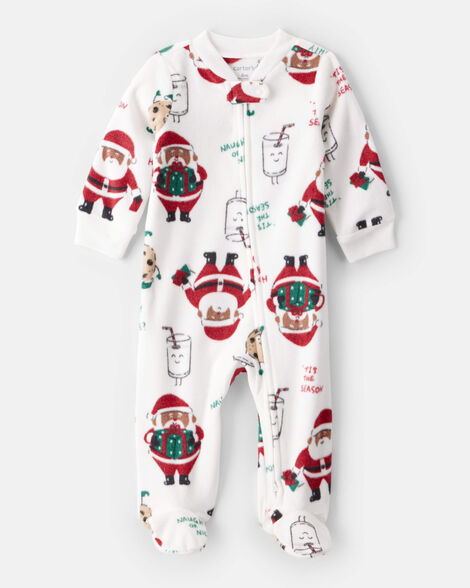 Baby Brown Santa Milk & Cookies Loose Fit Fleece Long-Sleeve Sleep & Play Pajamas - White