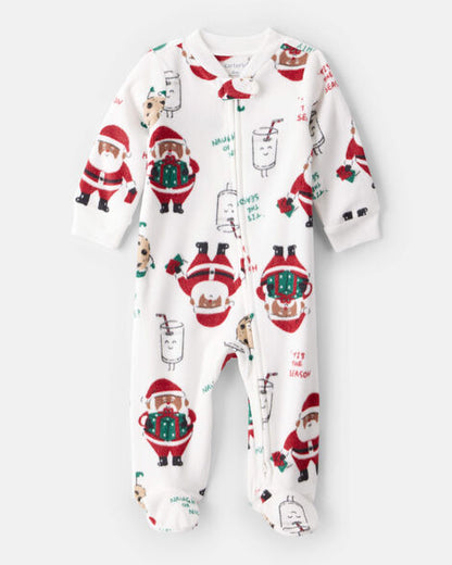 Baby Brown Santa Milk & Cookies Loose Fit Fleece Long-Sleeve Sleep & Play Pajamas - White