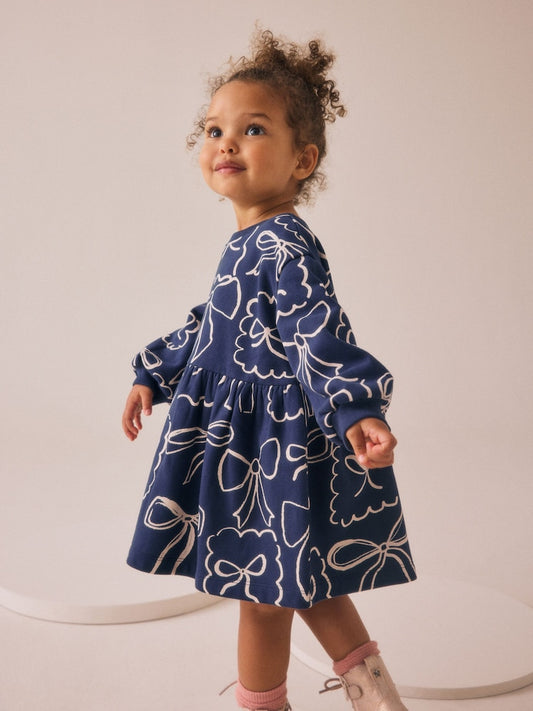 Navy Bow Sweat Dress (3mths-7yrs)
