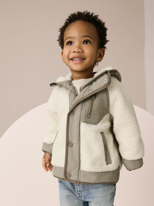 Khaki/Cream Colourblock Borg Jacket (3mths-7yrs)