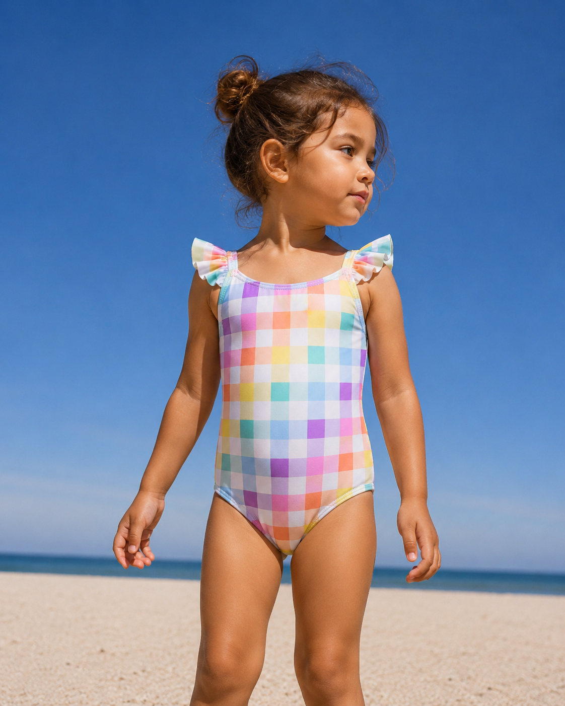 Girls Pastel Gingham One-Piece Swimsuit with Ruffle Straps