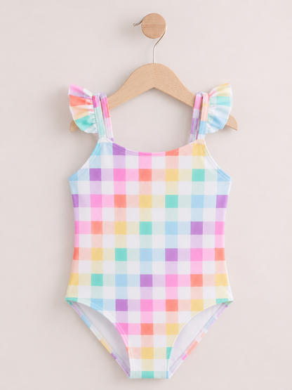 Girls Pastel Gingham One-Piece Swimsuit with Ruffle Straps