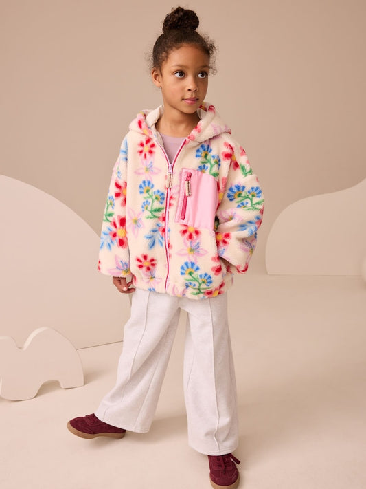Ecru/Pink Floral Hooded Zip Borg Fleece Jacket (8-16yrs)