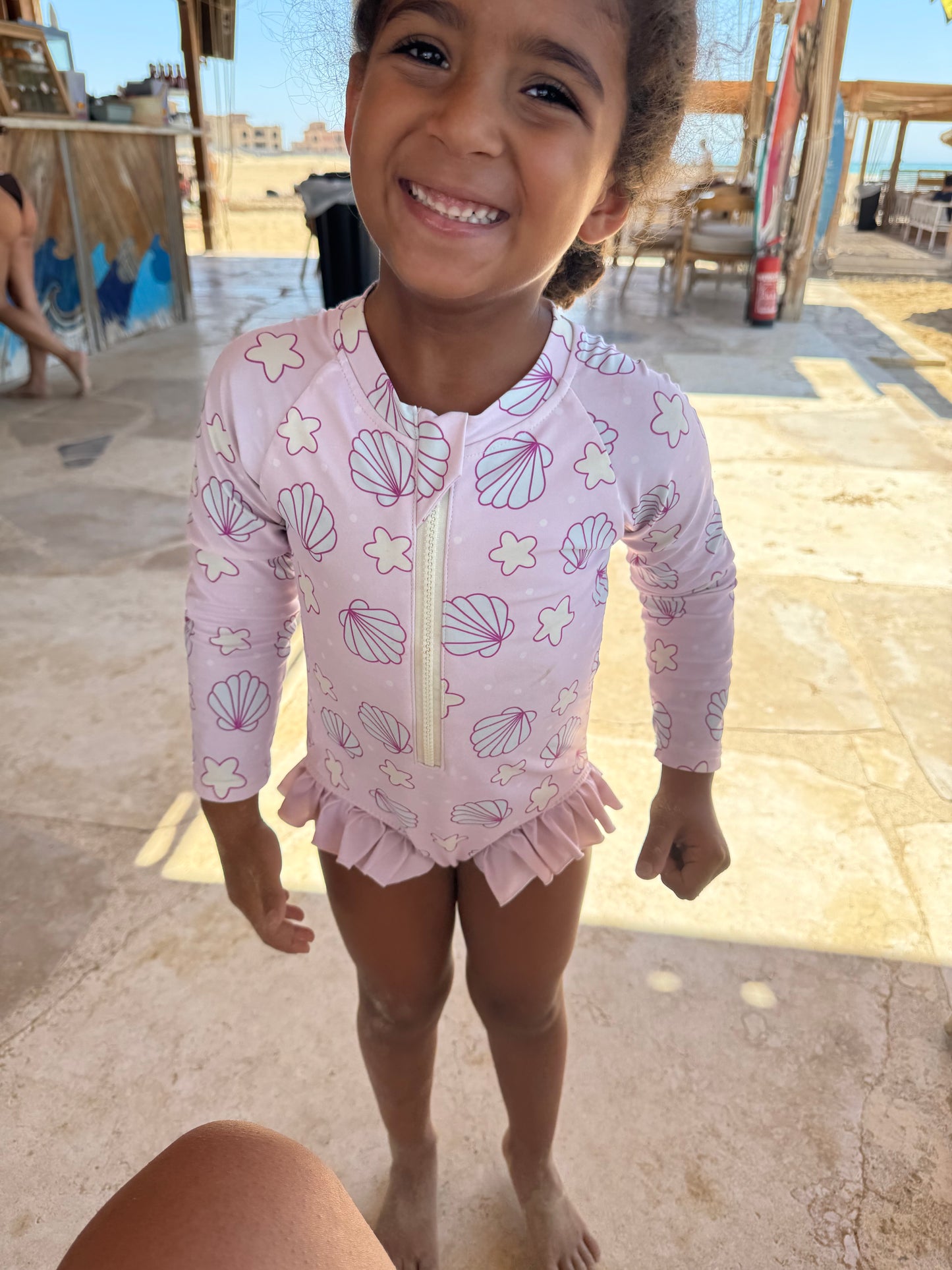 Mermaid Drift – Lavender Seashell Rashguard Swimsuit With Ruffles🧜‍♀️