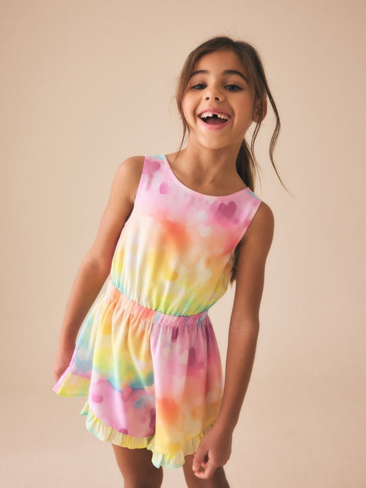 Rainbow Heart Brights Open Back Ruffle Hem Playsuit (3-16yrs)