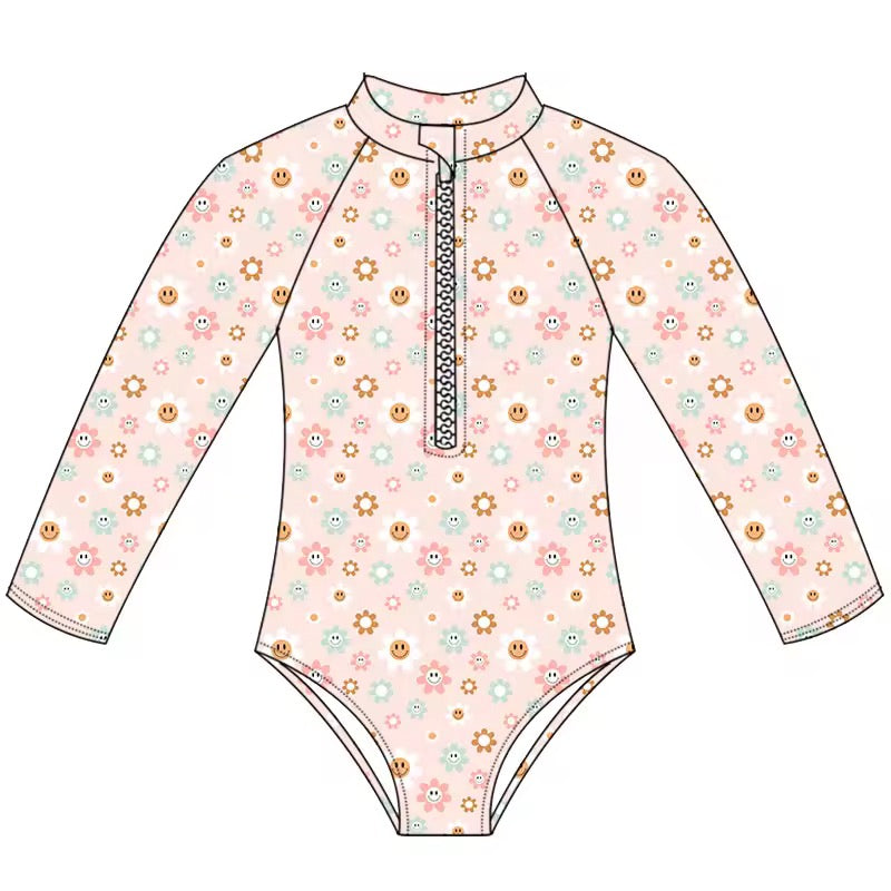 Blush Break – Retro Floral Rashguard Swimsuit