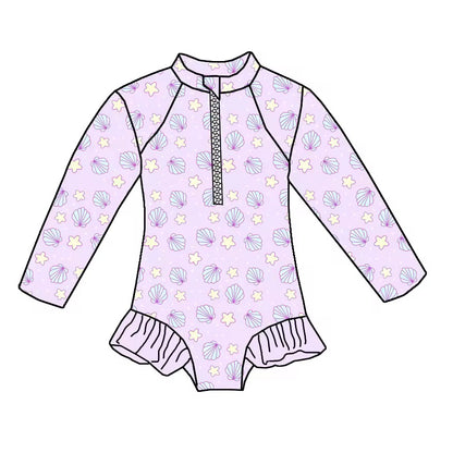 Mermaid Drift – Lavender Seashell Rashguard Swimsuit With Ruffles🧜‍♀️