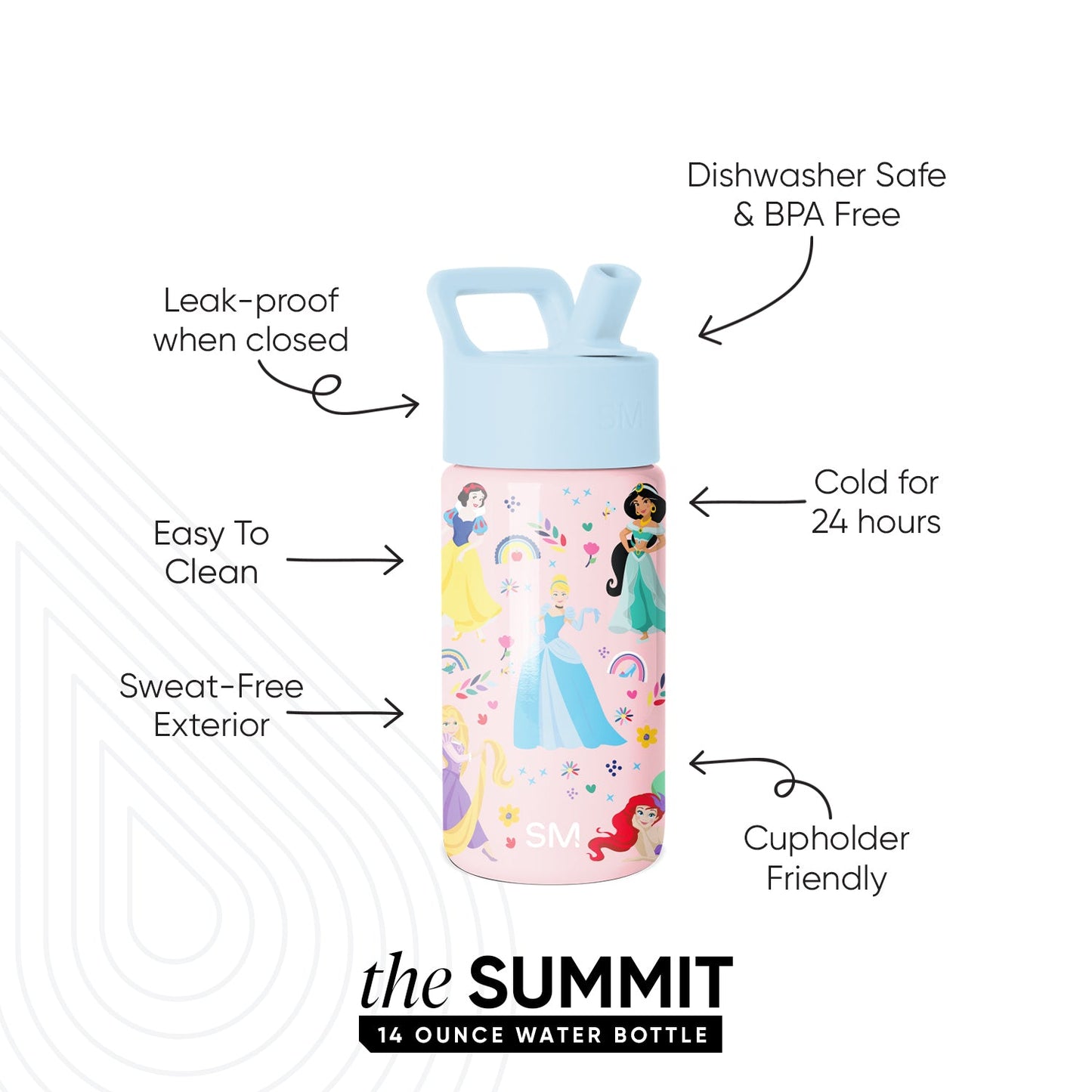 Summit Kids Water Bottle with Straw Lid, Princess Rainbows