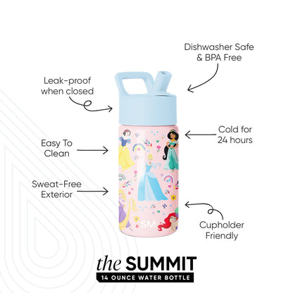 Summit Kids Water Bottle with Straw Lid, Princess Rainbows