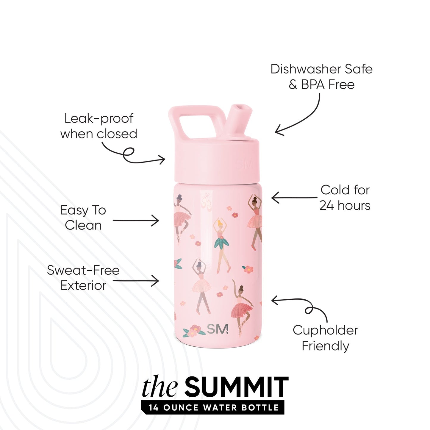 Summit Kids Water Bottle with Straw Lid, Pink Ballerina