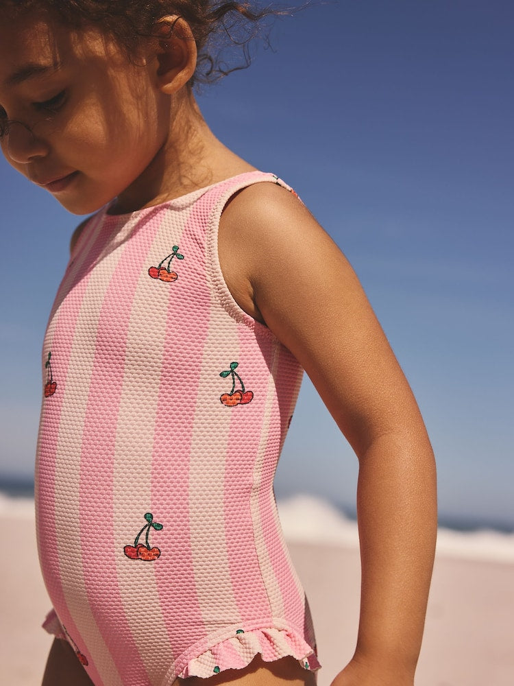 Pink Cherry Stripe Frill Leg Swimsuit (3mths-7yrs)
