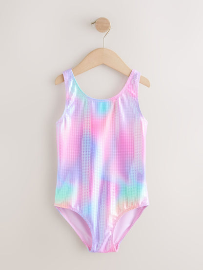 Pink Rainbow Foil Sequin Scoop Neck Swimsuit (3-16yrs)