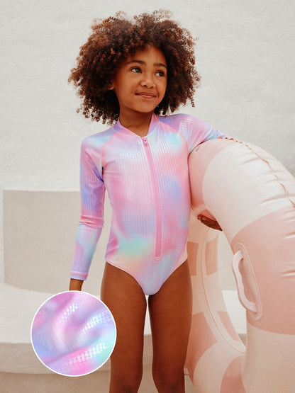 Pink Rainbow Foil Sequin Long Sleeve Sunsafe Swimsuit (3mths-10yrs)