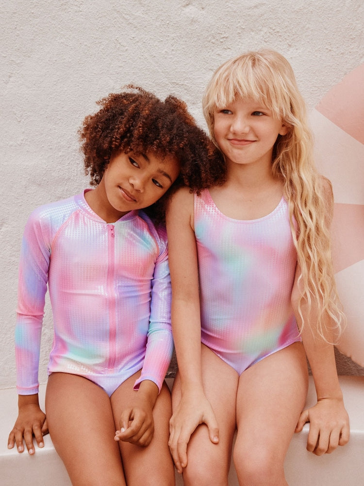 Pink Rainbow Foil Sequin Long Sleeve Sunsafe Swimsuit (3mths-10yrs)