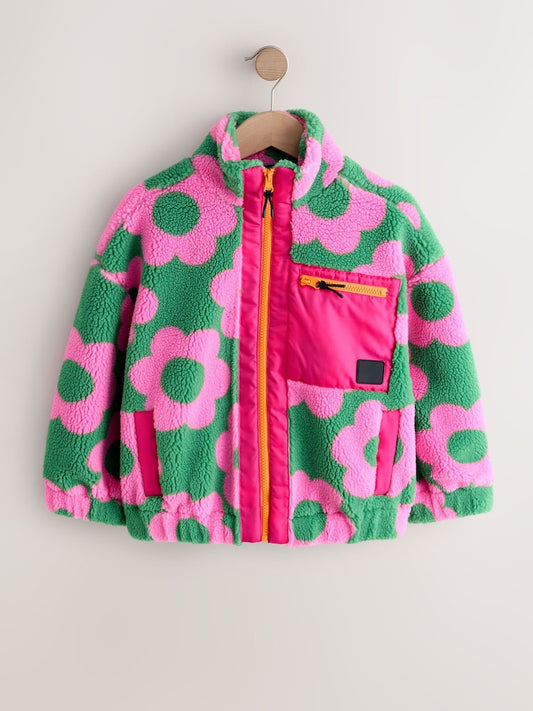 Pink/Green Flower Zip Up Borg Jacket (3-16yrs)