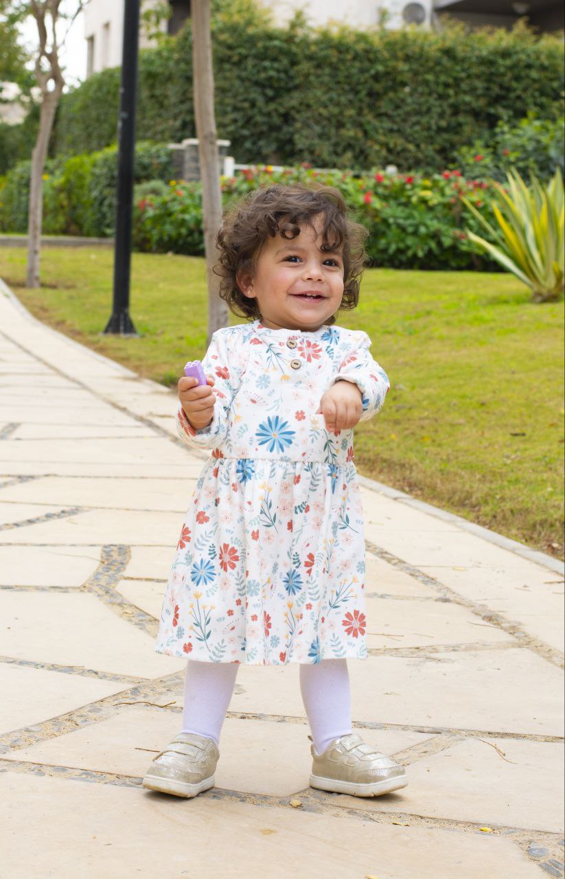 Long Sleeve Button Ribbed Organic Printed Cotton Dress