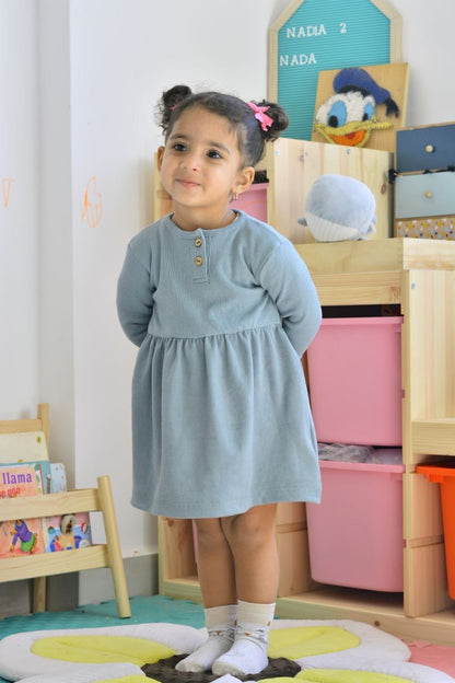 Long Sleeve Button Ribbed Organic Cotton Dress