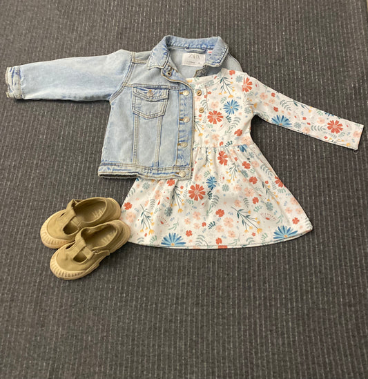 Long Sleeve Button Ribbed Organic Printed Cotton Dress